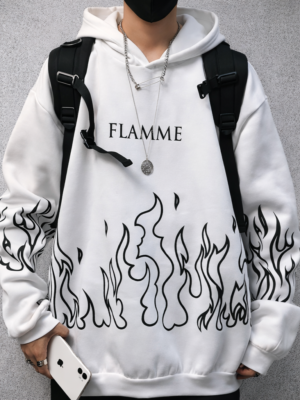 Men Flame Print Oversized Hoodie | Graphic Printed Fleece Sweatshirt for Men | Streetwear Winter Pullover Hoodie