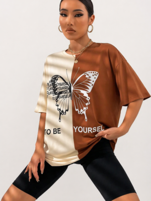 Women Oversized T-Shirt | Beige & Coffee Color Combination Loose Fit Tee