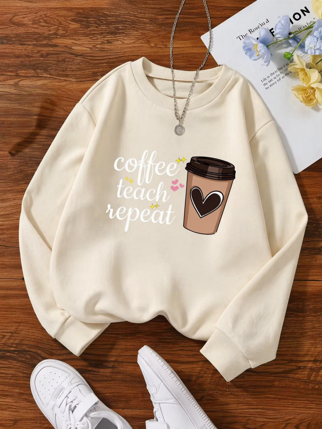 Women Cream Printed Sweatshirt Coffee Teach Repeat Round Neck