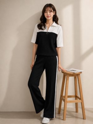Women’s Black White Korean Style Co-Ord Set for Casual Wear
