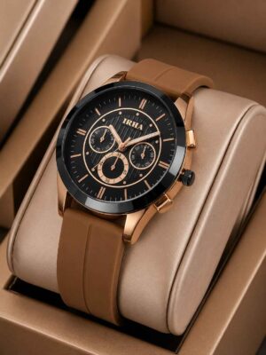 Alt Text: Luxury black dial men’s watch with rose-gold case and black silicone strap