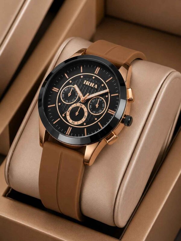 Alt Text: Luxury black dial men’s watch with rose-gold case and black silicone strap