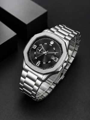 Men's geometric stainless steel watch in black blue and green